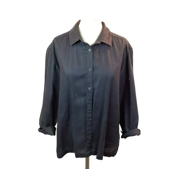 Eileen Fisher 100% Linen Womens Medium Button-Up Shirt Black - Picture 2 of 12